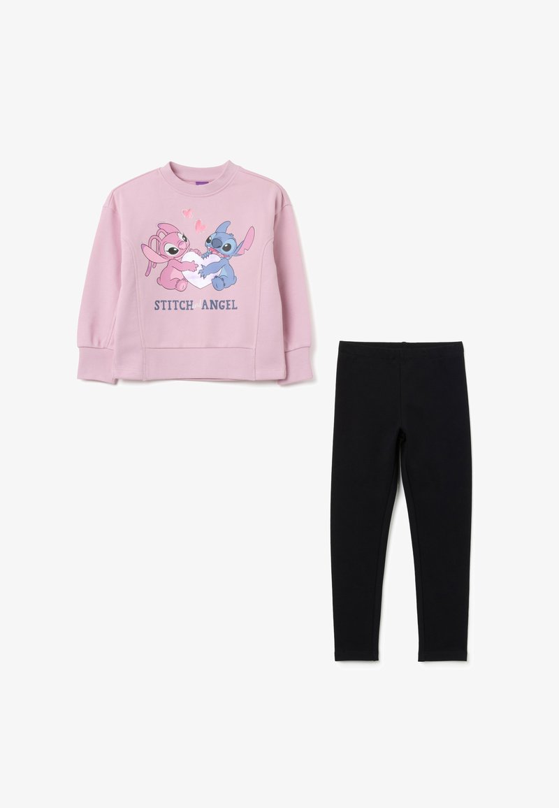 Sweatshirt rose avec un design imprimé de personnages de dessin animé, associé à des leggings noirs. Tissu doux, poignets côtelés et coupe décontractée.