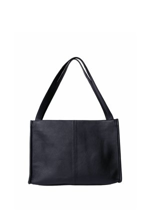 Black leather shoulder bag with double straps and a simple rectangular shape against a white background.
