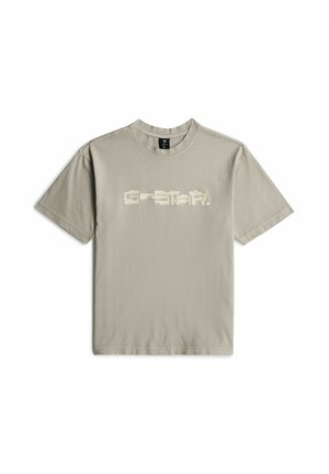 Hellgraues kurzärmeliges Baumwoll-T-Shirt mit Rundhalsausschnitt und pixeligem "G-STAR" Logo in der Mitte vorne.