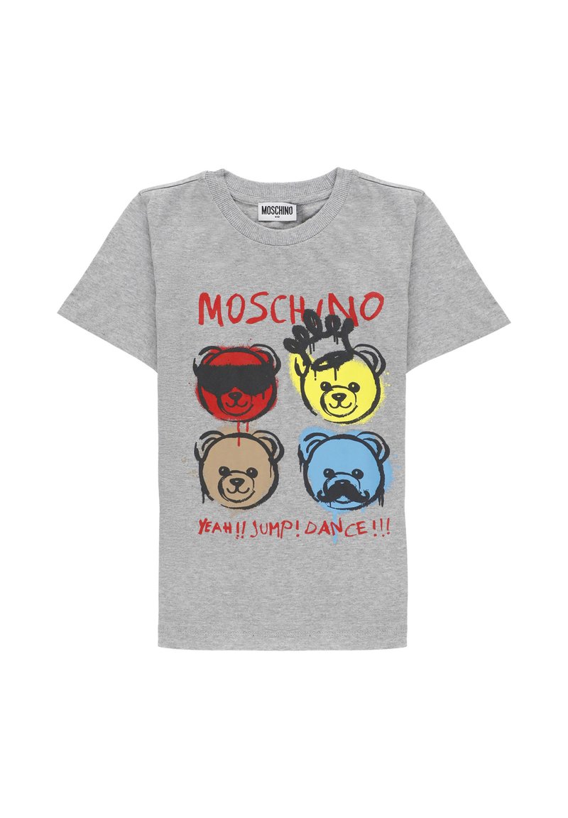 T-shirt grigia per bambini con quattro facce di orso colorate in rosso, giallo, marrone e blu, testo rosso "MOSCHINO" e "YEAH!! SALTA! BALLA!!!"
