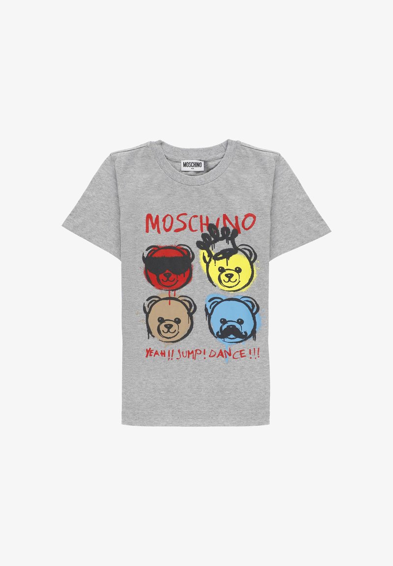 T-shirt grigia per bambini con quattro facce di orso colorate in rosso, giallo, marrone e blu, testo rosso "MOSCHINO" e "YEAH!! SALTA! BALLA!!!"