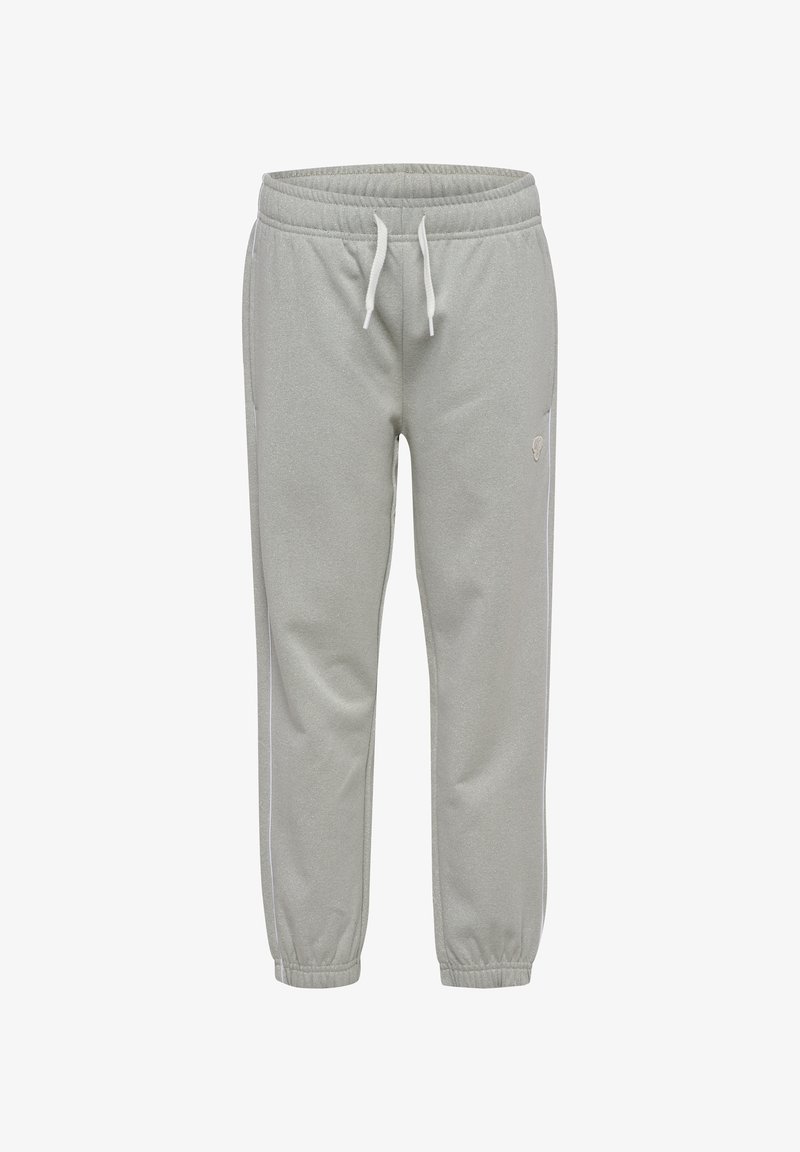 Jasnoszare dresy wykonane z miękkiego materiału, z elastycznym pasem w talii ze sznurkiem, ściągaczami u dołu nogawek oraz bocznymi paskami.