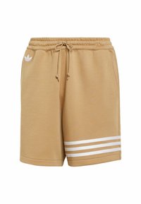 Tan cotton shorts featuring an elastic waistband with a drawstring. Three white stripes are printed on the lower left side. Logo on hip.