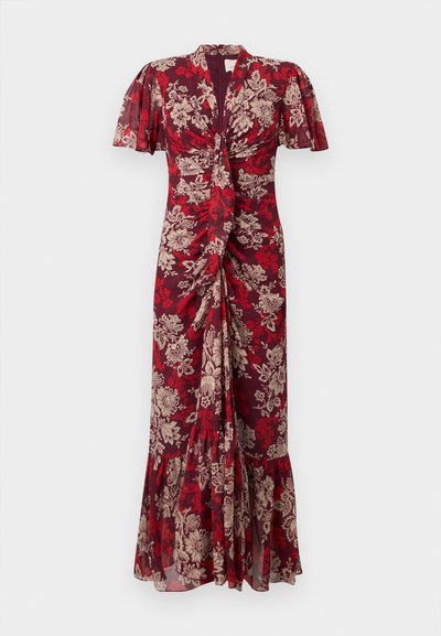 Vestido floral vermelho com mangas curtas em estilo flutter, detalhes franzidos na cintura e saia com pregas e bainha com folhos. Feito de tecido leve.