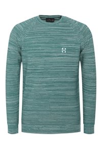 Felpa a maniche lunghe con scollo rotondo color verde acqua, con un motivo a righe testurizzate. Presenta una piccola toppa con logo circolare sul petto.