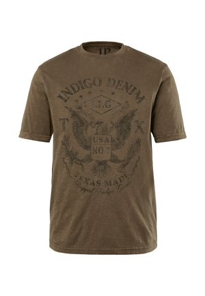 Braunfarbiges T-Shirt mit kurzen Ärmeln im Vintage-Stil, mit einem grafischen Druck, der einen Adler und Text darstellt. Hergestellt aus Baumwolle, mit Rundhalsausschnitt und lässiger Passform.