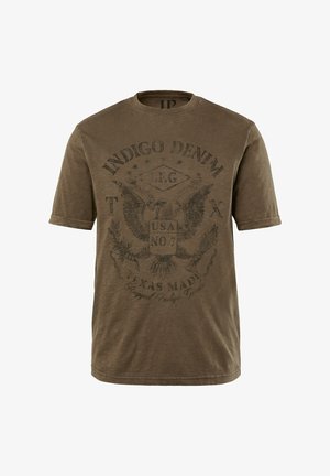 Brązowa koszulka z krótkim rękawem w stylu vintage z graficznym nadrukiem przedstawiającym orła oraz tekst, wykonana z bawełny, z okrągłym dekoltem i luźnym krojem.