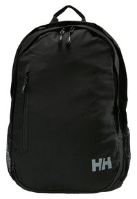 Zaino nero con doppia cerniera, tasche laterali in rete e un logo grigio in basso a destra. Realizzato in tessuto resistente.