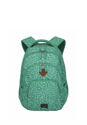 Grüner Rucksack mit Blattmuster, mehreren Reißverschlussfächern, gepolsterten Schultergurten und einem oberem Griff.