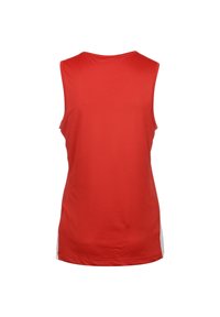 Top deportivo sin mangas rojo con una tela suave y elástica. Presenta un dobladillo recto y paneles laterales en blanco para contraste.