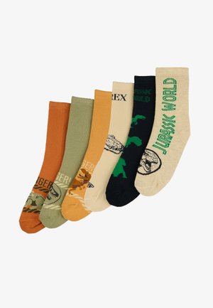 Set of six socks in varying colors: orange, green, yellow, cream, navy, and beige. Features dinosaur graphics and "Jurassic World" text.