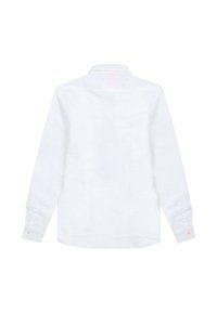 Camicia bianca a maniche lunghe in lino. Presenta un colletto classico, polsini con bottoni e orlo dritto. Nessun motivo o disegno visibile.