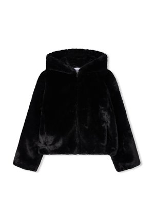 Czarna pluszowa kurtka z futrzanym kapturem, z przednim zamkiem błyskawicznym i długimi rękawami, zaprojektowana z myślą o ciepłości i stylu.