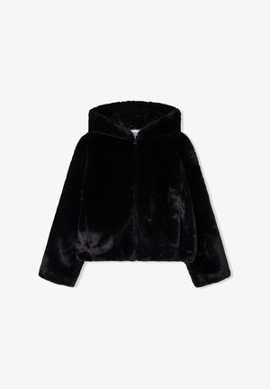 Czarna pluszowa kurtka z futrzanym kapturem, z przednim zamkiem błyskawicznym i długimi rękawami, zaprojektowana z myślą o ciepłości i stylu.