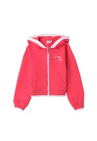 Sudadera con cremallera rosa con acentos blancos, puños y dobladillo elásticos, bolsillos tipo canguro y logo "Super Club" en blanco en la parte frontal.