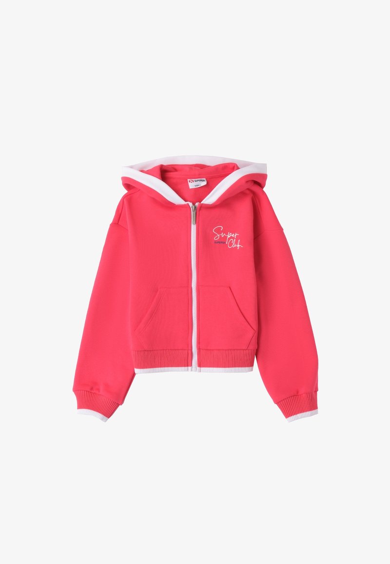 Sudadera con cremallera rosa con acentos blancos, puños y dobladillo elásticos, bolsillos tipo canguro y logo "Super Club" en blanco en la parte frontal.