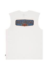 White sleeveless shirt with a blue and orange "BILLABONG" logo patch centered on the upper back.