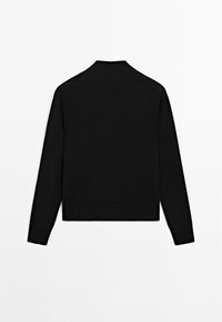 Black long-sleeve sweater with a rounded neckline, seamless design, ribbed cuffs and hem, smooth texture, and a cropped silhouette.