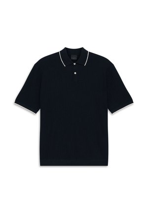 Schwarzes kurzärmliges Poloshirt mit weißem Besatz am Kragen und an den Ärmelsäumen, ausgestattet mit zwei weißen Knöpfen auf der Knopfleiste.