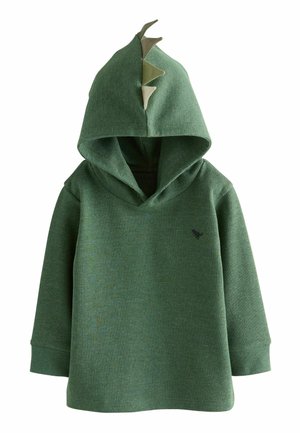 Sudadera verde hecha de un tejido texturizado, con un cuello en V, una capucha con picos puntiagudos que recuerdan a un dinosaurio y un pequeño logotipo negro en el pecho.
