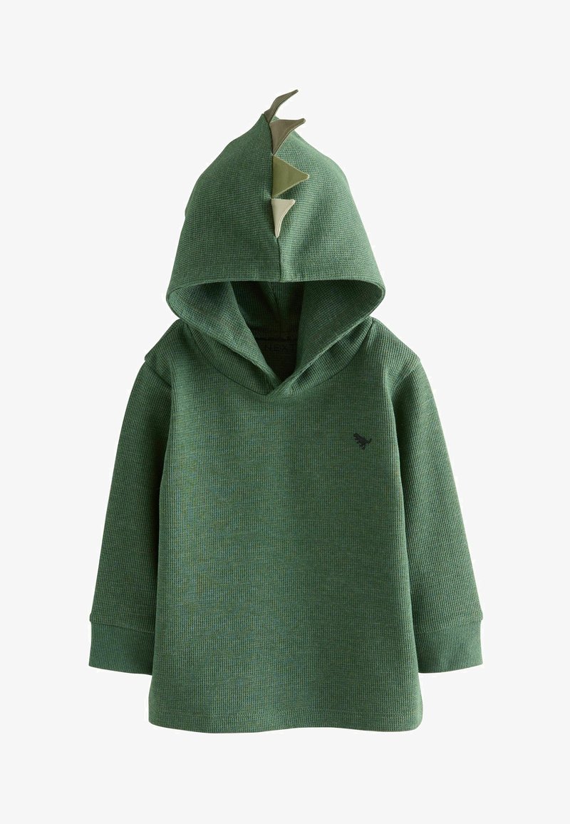 Sweat à capuche vert pour enfants avec des pointes de dinosaure en tissu sur la capuche et un petit logo dinosaure sombre sur la poitrine.