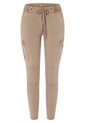 Beige cargo pants with a drawstring waist, tapered legs, side pockets, and stitched detailing. Made from a lightweight, soft fabric.