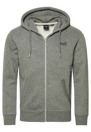 Grauer Full-Zip-Hoodie mit Kordelzugkapuze, vorderen Kängurutaschen, gerippten Bündchen und Saum sowie kleinem aufgesticktem Superdry-Logo auf der Brust.