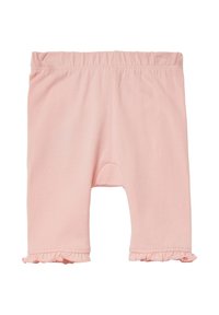 Roze katoenen shorts met een elastische tailleband, voorzien van gerimpelde zomen en een broeklengte tot de knie. Zachte textuur en eenvoudig ontwerp.