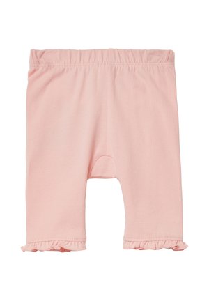 Roze katoenen shorts met een elastische tailleband, voorzien van gerimpelde zomen en een broeklengte tot de knie. Zachte textuur en eenvoudig ontwerp.