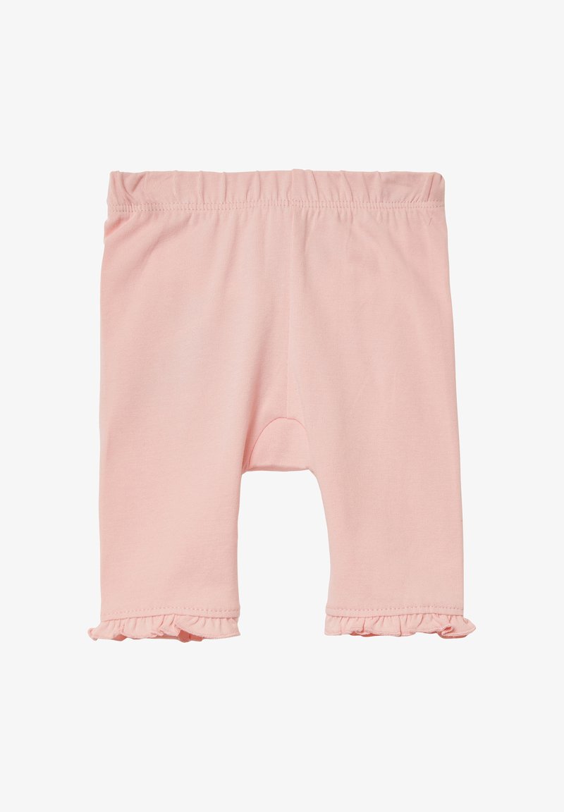 Roze katoenen shorts met een elastische tailleband, voorzien van gerimpelde zomen en een broeklengte tot de knie. Zachte textuur en eenvoudig ontwerp.