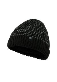 Zwarte gebreide beanie met een textuurpatroon, voorzien van een geribde rand; binnenin gevoerd met een zacht materiaal; klein logo label bevestigd.