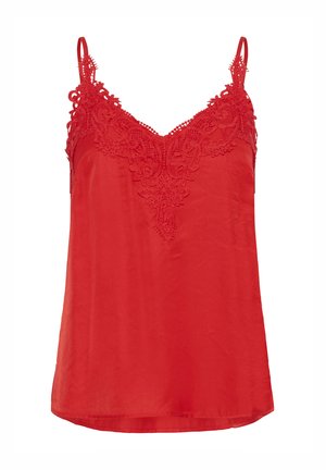 Rotes Satin-Camisole mit dünnen Trägern und filigranen Spitzenverzierungen entlang des V-Ausschnitts und im oberen Brustbereich.
