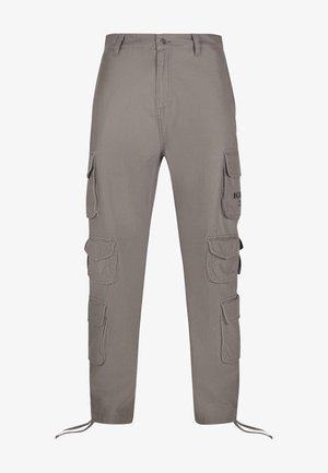 Szare spodnie cargo wykonane z mieszanki bawełny, z wieloma kieszeniami bocznymi, ściągaczem na dole i luźnym krojem.