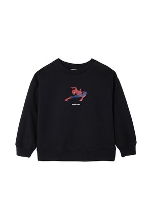 Black long-sleeve sweatshirt with a small red and blue Spider-Man graphic in a crouching pose centered on the chest, labeled "SPIDER-MAN."