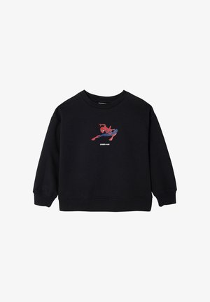 Black long-sleeve sweatshirt with a small red and blue Spider-Man graphic in a crouching pose centered on the chest, labeled "SPIDER-MAN."