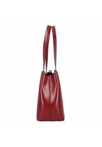 Rote, glänzende Lederhandtasche mit elongateder Form und zwei stabilen Schulterriemen. Verfügt über einen sicheren Abschluss oben und minimale Nähdetails.