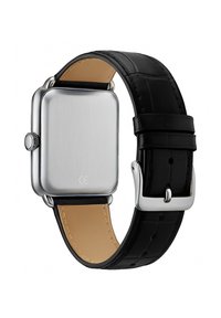 Smartwatch ze stalowej obudowy, o kwadratowej tarczy, z czarnym paskiem z krokodyliwej skóry, beżowym spodem oraz srebrnym zapięciem.