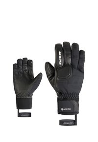 Zwarte handschoenen van leer en synthetische materialen, met een Gore-Tex-label, ribbelaccenten en een elastische pols voor een veilige pasvorm.