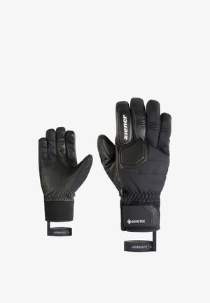 Guanti neri realizzati in pelle e materiali sintetici, con etichetta Gore-Tex, dettagli rigati e polsini elasticizzati per una vestibilità sicura.