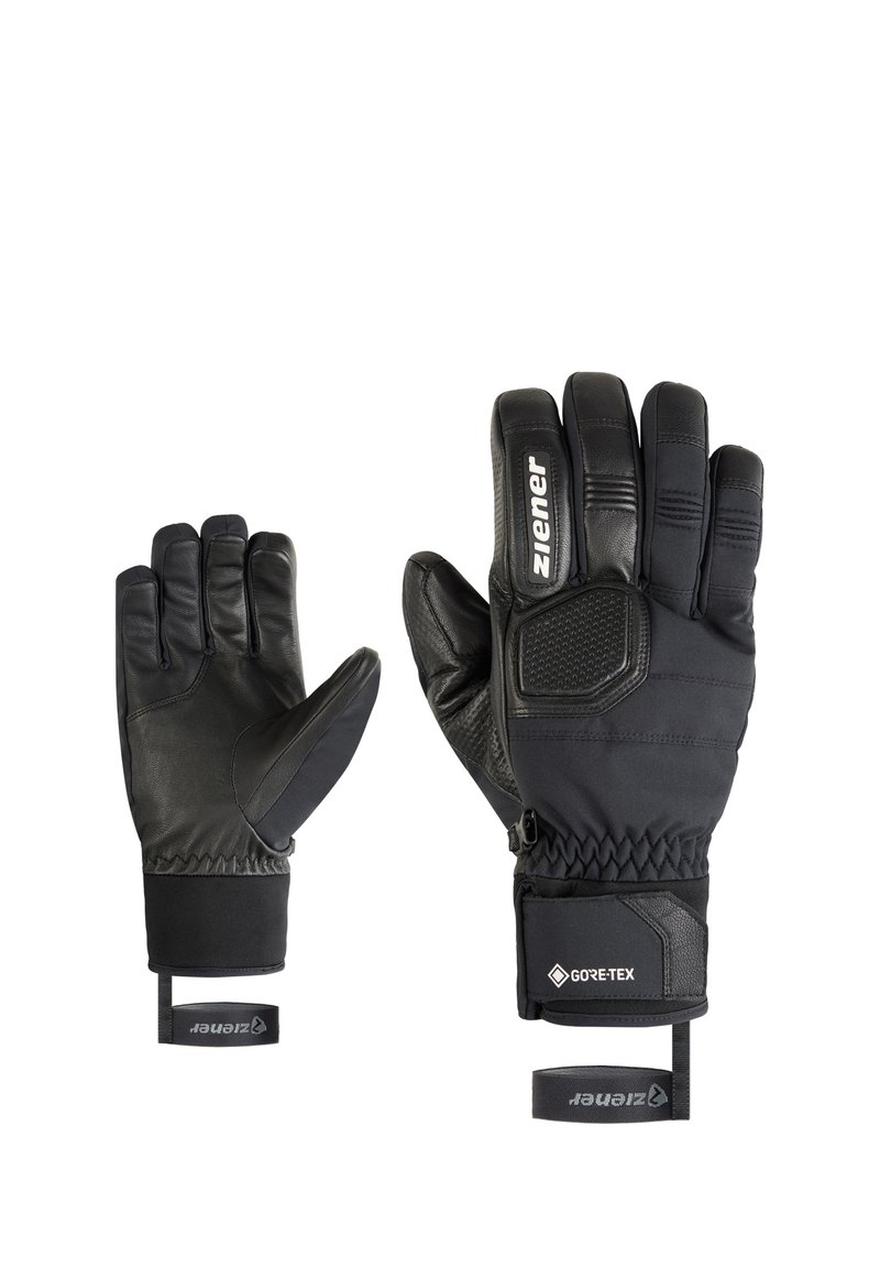 Zwarte handschoenen van leer en synthetische materialen, met een Gore-Tex-label, ribbelaccenten en een elastische pols voor een veilige pasvorm.