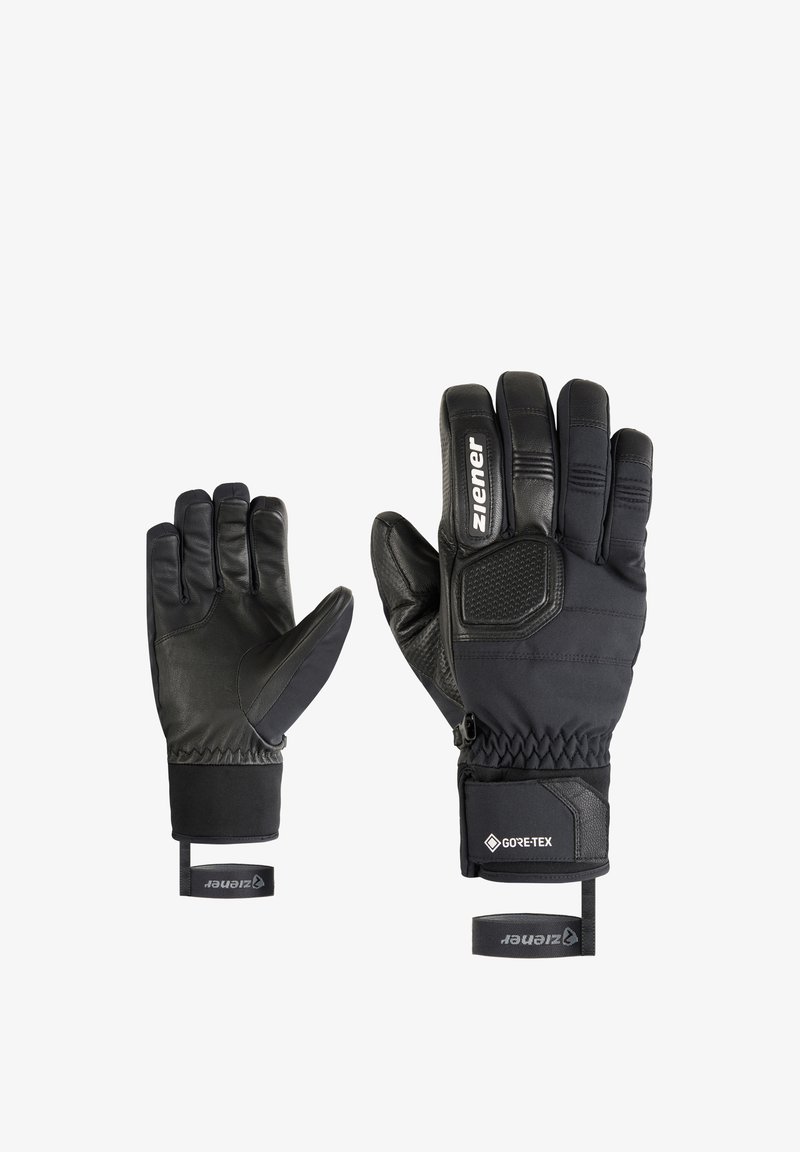 Zwarte handschoenen van leer en synthetische materialen, met een Gore-Tex-label, ribbelaccenten en een elastische pols voor een veilige pasvorm.