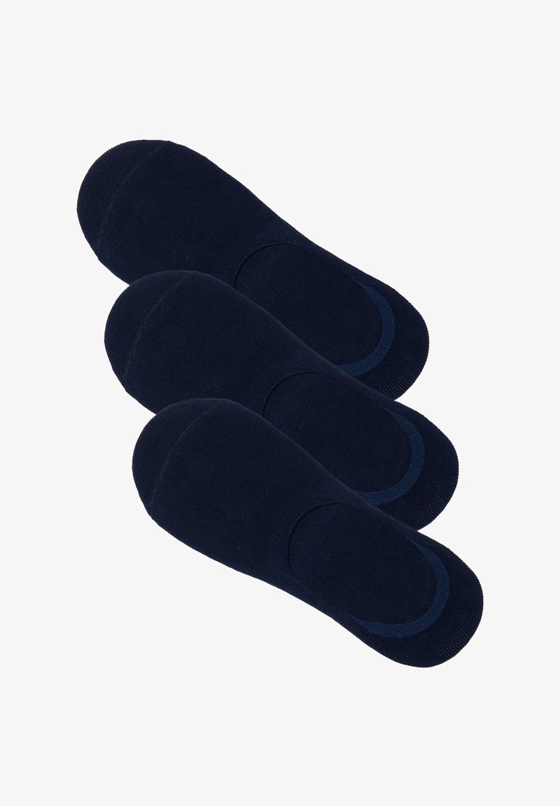 Chaussettes invisibles en coton bleu marine avec ouvertures élastiquées, texture lisse et bouts renforcés. Trois paires disposées en pile.