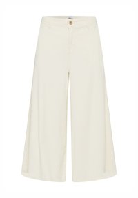 Pantalons à jambe évasée en tissu de coton crème avec une fermeture à bouton à l'avant, des passants de ceinture et une coupe droite et fluide sans poches.