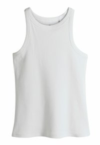 Valge sooniline tank top ümarate kaelustega, ilma varrukateta ja siledaga, sobib igapäevaseks kandmiseks.