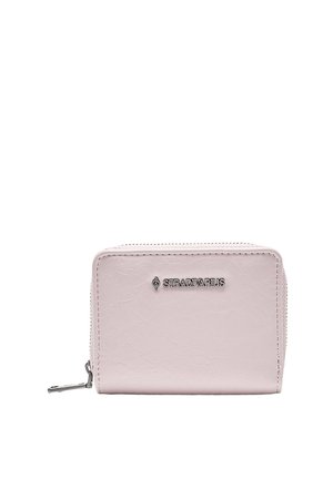 Svetloružová kompaktná peňaženka Stradivarius so zipsom a kovovým logom vpredu.