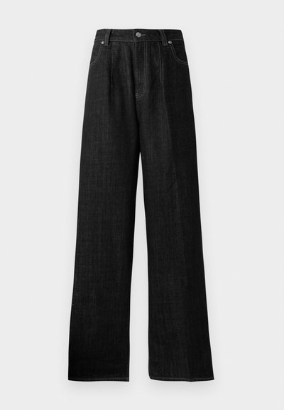 Black denim wide-leg pants with a high waist, featuring tonal stitching, a front button closure, and two side pockets.