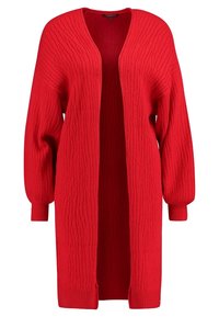 Rode gebreide cardigan met lange mouwen, open voorkant en geribbelde textuur. Heeft een relaxte pasvorm en valt tot onder de knieën.
