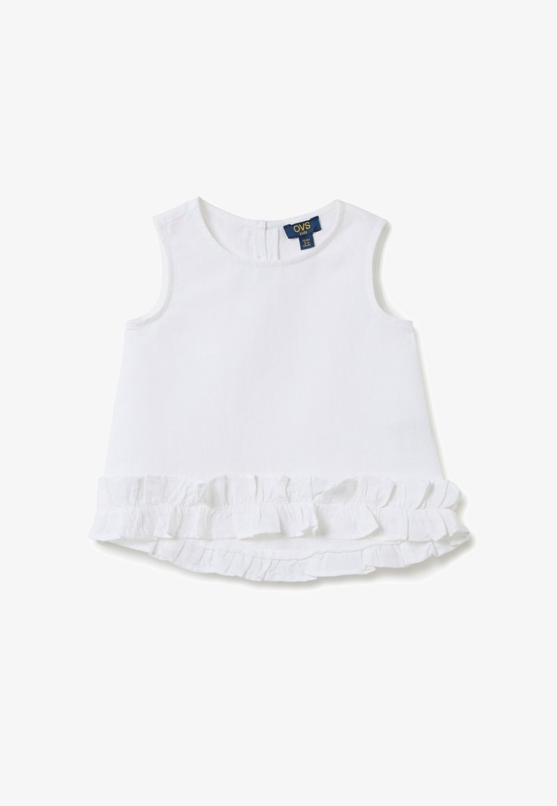 Witte mouwloze top met een ronde halslijn, voorzien van een gelaagde ruches onderkant. Gemaakt van lichtgewicht stof, met een knoopsluiting aan de achterkant.