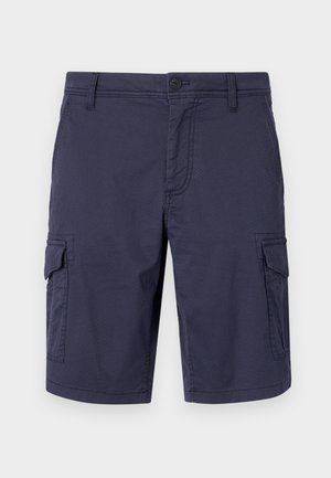 Marineblå cargo shorts laget av slitesterkt stoff, med sidelommer, knappelukking og en teksturert overflate.