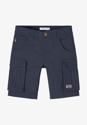 Mørkeblå børne cargo shorts med forlommer, bæltestropper, knaplukning og klaplommer på hvert ben.